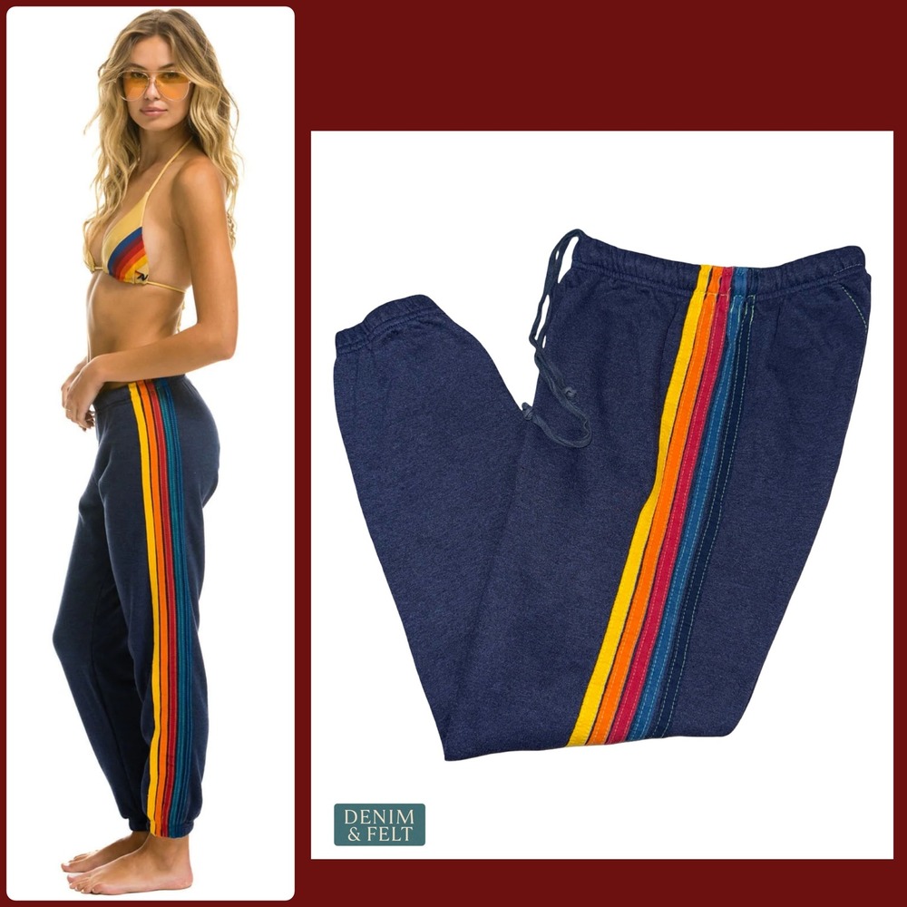 Aviator Nation 5 Stripe Rainbow Sweatpants Navy Retro Lounge Joggers XS